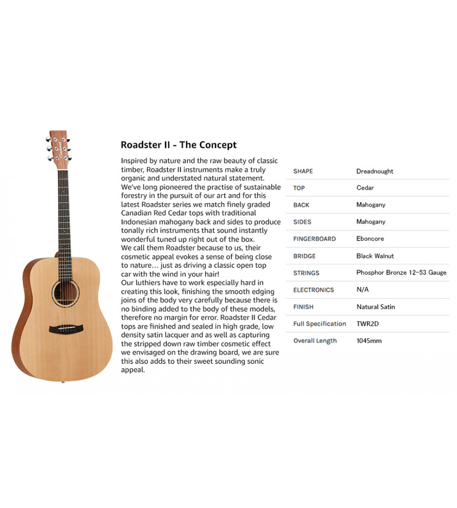 Tanglewood Roadster II TWR2 D Acoustic Guitar, Dreadnought, Natural Finish